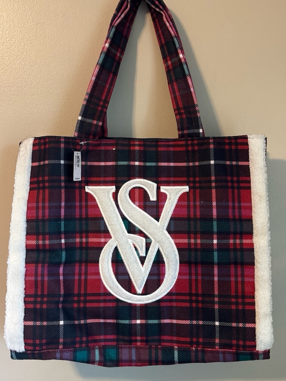 Victoria’s Secret plaid Tote Bag with White Sherpa Trim - Red Plaid BNWT